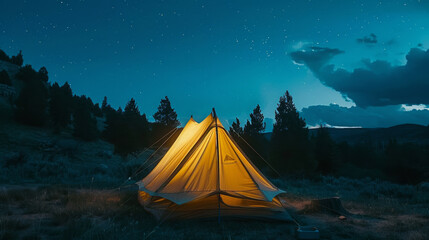 A camping tent is pitched under the starry night sky along the Colorado Trail in Colorado, USA, offering a serene and picturesque setting for outdoor adventure and relaxation. - obrazy, fototapety, plakaty
