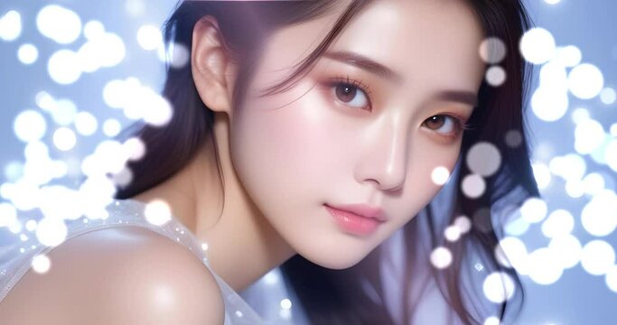 Beautiful and cute Asian girl model's glowing clear and moisturized skin, skin care, freshness and beauty images. Particle animation background with sparkling bokeh..美しい女性の美容イメージ。