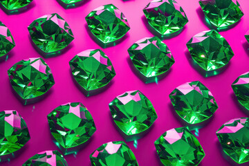 Fototapeta premium Row of shimmering emerald green diamonds on pink background for luxury jewellery advertising
