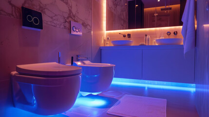 A high-tech bathroom with a built-in sound system, heated floors, and a self-cleaning toilet