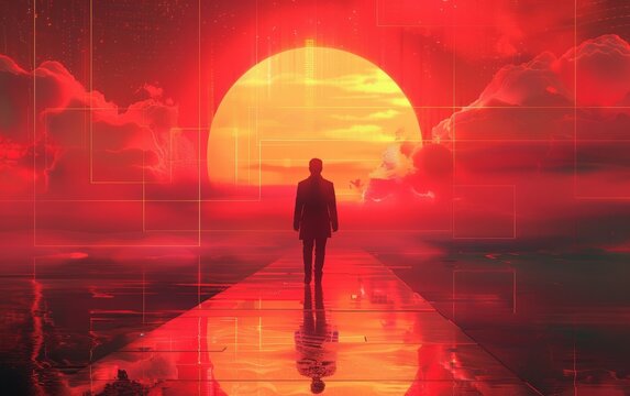 Geryon's sleek form cuts through the nostalgic retro-futuristic skyline, a sharp contrast to the soft, dreamy scenery.