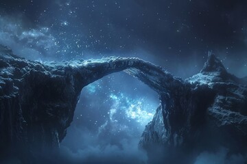 Stunning 3D rendered fantasy bridge suspended among the stars, a marvel of cosmic architecture. - obrazy, fototapety, plakaty