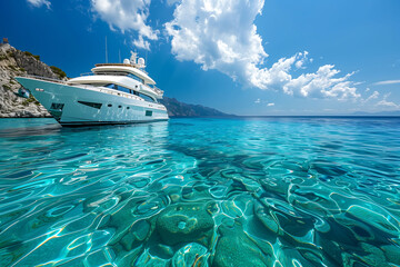 Nautical Elegance: Opulent Yacht in Sunlit Waters - obrazy, fototapety, plakaty