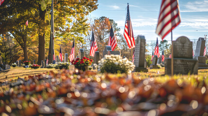 Memorial Day Flags in front of graves, Patriotic American  concept