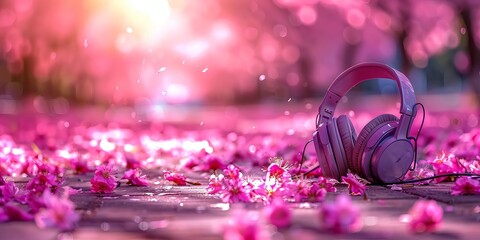 Pink headphones next to flowers on a bright background.
Concept: Advertising of audio equipment and accessories, gifts for music lovers. Copy space banner