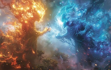 Wizards clash with powerful spells, summoning creatures and wielding ancient artifacts, while the golem stands guard over the mystical woods. - obrazy, fototapety, plakaty