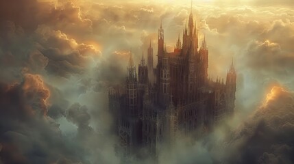 A dark and mysterious castle floats among the clouds, its gothic spires reaching up to the sky in a hauntingly beautiful display of architectural wonder. - obrazy, fototapety, plakaty