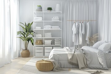 Scene with brand new interior in vogue with white rack and modern bed. 3D rendering. Horizontal arrangement.