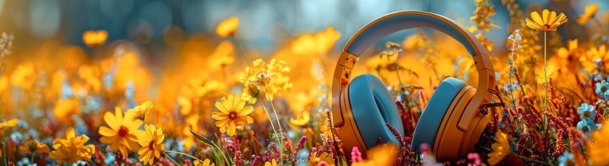 Blue headphones among spring flowers..
Concept: spring promotions, music festivals and audio equipment, gifts for March 8th. Copy space banner