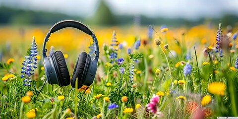 Black headphones with bright flowers on a field background. Copy space banner. Concept: listening to music, audio accessories, spring podcast