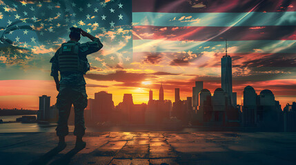 Silhouette of Soldier saluting for memorial day, American Flag in sky and New York City Skyline sunset, USA Patriotism