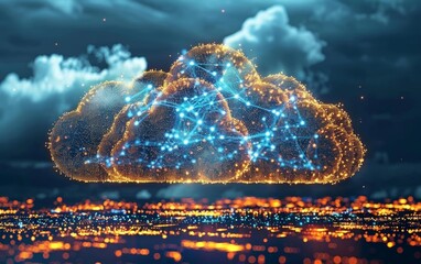 Floating cloud icons connected by light data streams represent the seamless network and storage capabilities of cloud computing.