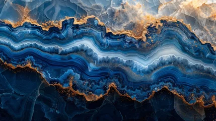 Fotobehang A gorgeous blue paint with gold powder drips from this abstract ocean ART piece. It incorporates the swirls and ripples of marble or the ripples of agate. © Zaleman