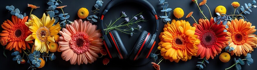 headphones decorated with fresh spring flowers, inspiring and creative. Concept: music and spring mood, creative advertising of audio equipment, symbol of the fusion of technology and nature. - obrazy, fototapety, plakaty