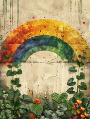 Graffiti rainbow arc embracing urban greenery on a textured wall.