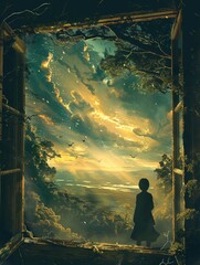 Craft an intriguing visual of a silhouette figure gazing out a window at a breathtaking, surreal landscape Include subtle hints of distorted reality to spark curiosity about hidden dimensions