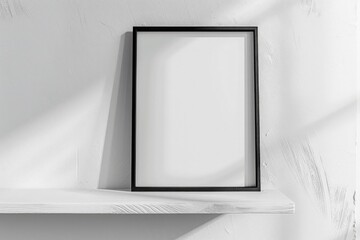 Vertical 8x10 Black frame mockup. Black frame poster on a white wooden shelf and white wall. 3D illustrations