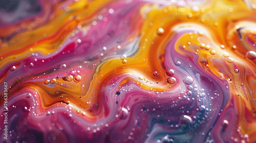 Poster artistic close-up of coloured liquid swirls with bubbles displaying vibrant textures and a beautiful