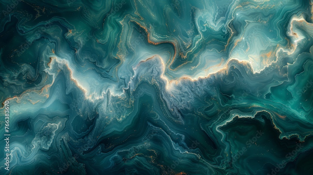 Poster an abstract image that features swirling patterns of green and blue, resembling a marble background.
