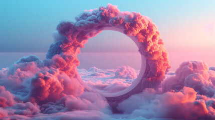 Dreamlike clouds embrace a surreal ring in a pastel sky.