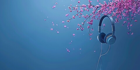 Blue headphones among spring flowers..
Concept: spring promotions, music festivals and audio equipment, gifts for March 8th. Copy space banner