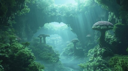 Enchanted cavern teeming with colossal fungi and mystical mist, awash in a haze of magic. 3D Rendering.