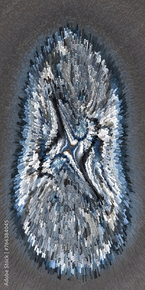 Aufkleber beyond fractal blue and silver coloured on a mid-grey coloured background curved motif exploding sty