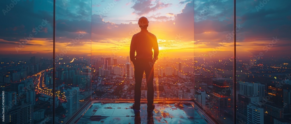 Poster concept of a business engineer planning at a construction site with the city as a background