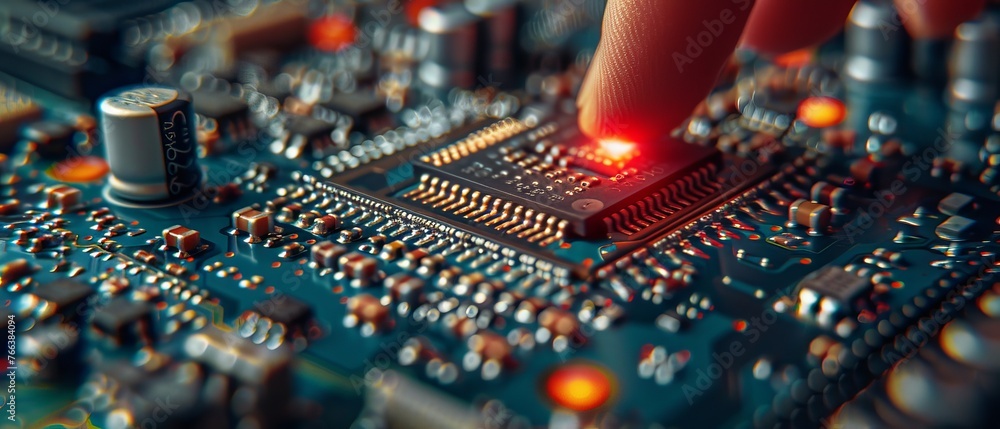 Fototapete toned image with closeup of tester checking motherboard. shallow dof, exact focus on tester tip.