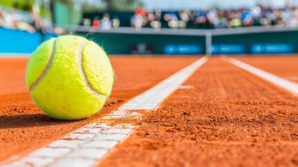 Create an atmospheric scene featuring a close-up photograph of a tennis ball lying still on the clay court - obrazy, fototapety, plakaty