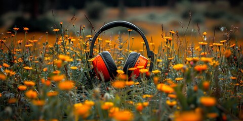 headphones decorated with fresh spring flowers, inspiring and creative. Concept: music and spring mood, creative advertising of audio equipment, symbol of the fusion of technology and nature.