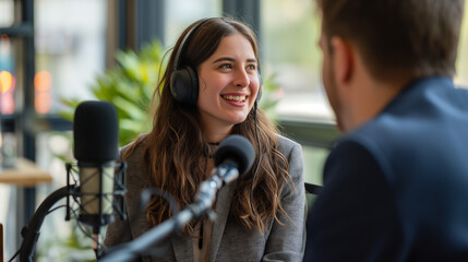  A man and woman sitting in front of a microphone.  A woman wearing headphones is being interviewed in front of a microphone. Podcast interview. A podcaster talking into a microphone.