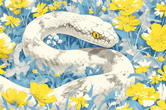 花と縁起の良い白蛇のイラスト