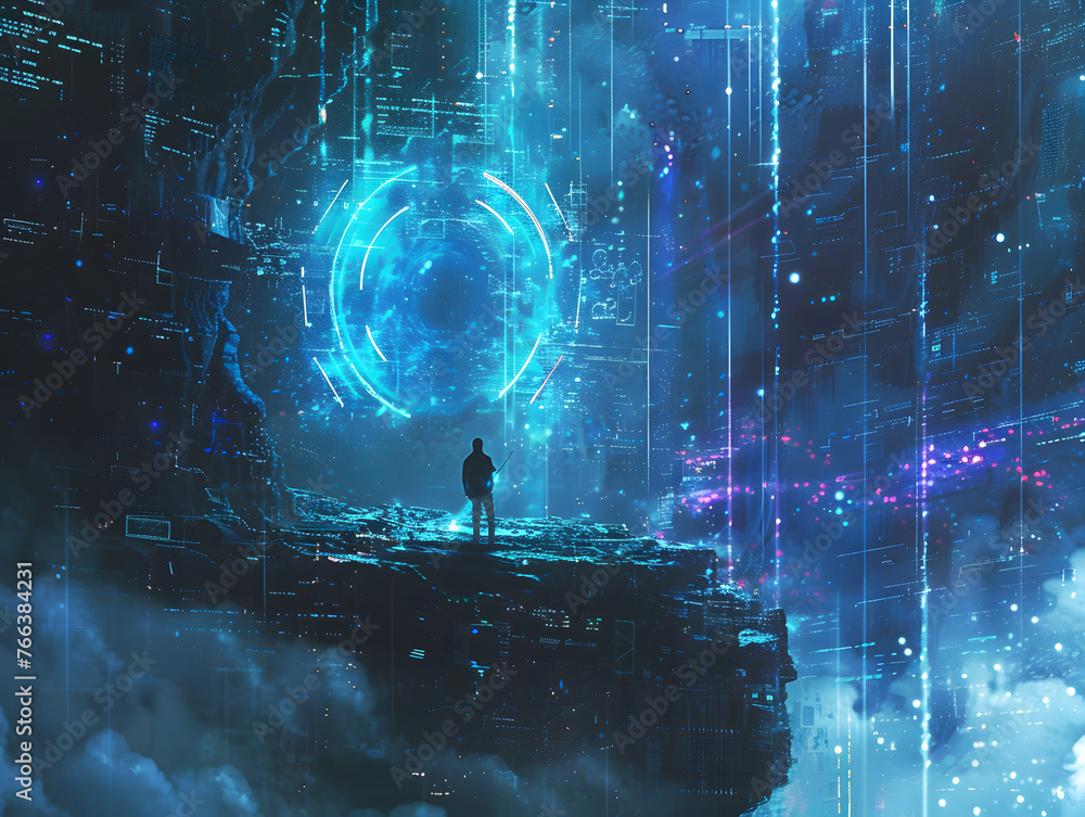 Poster cybersecurity guardian abstract background with futuristic digital elements.