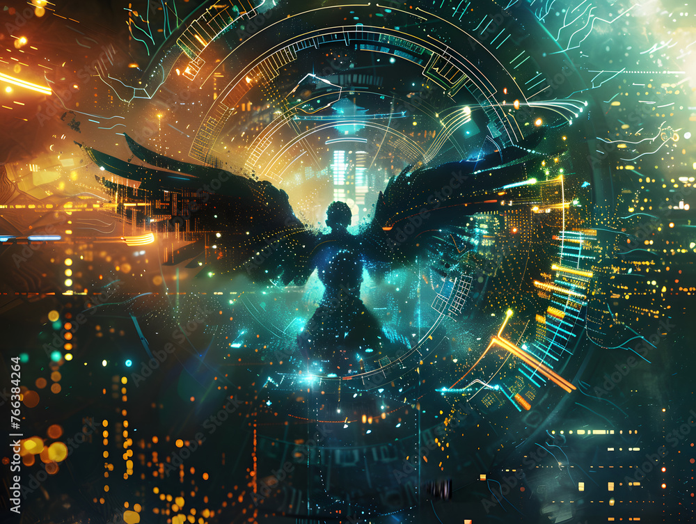 Poster cybersecurity guardian in abstract background - digital protection network.