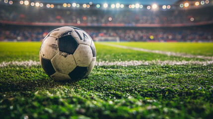  A dirty soccer ball sitting on a green grass playing field. Sports and football under the stadium lights. Professional sports. - obrazy, fototapety, plakaty