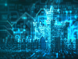 Cybersecurity Fortress Abstract Background with Futuristic Technology Elements.