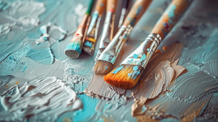 A close-up view showcases a row of artist paintbrushes arranged neatly on an artistic canvas, ready to bring creativity to life with every stroke. - obrazy, fototapety, plakaty