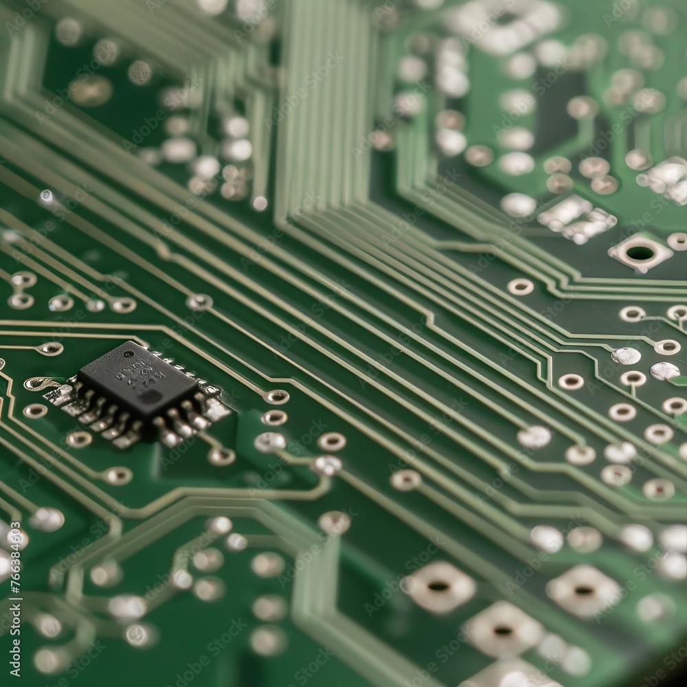 Aufkleber green printed circuit board with microcircuits and glowing elements, close-up. concept: electronics 