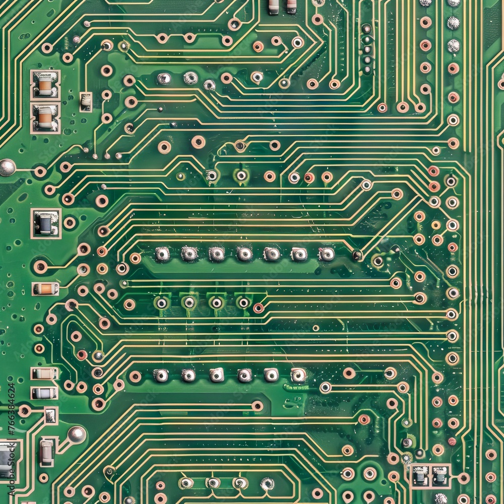 Poster green printed circuit board with microcircuits and glowing elements, close-up. concept: electronics 