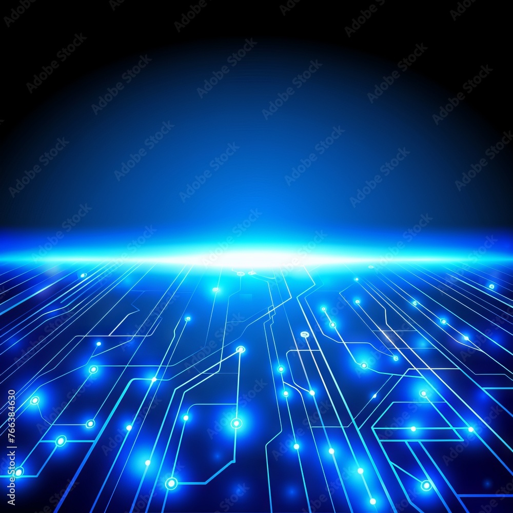 Poster printed circuit board with blue illuminated lines and active components. concept: high technology an