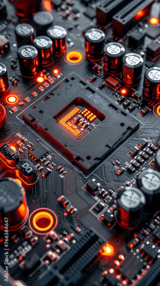 Poster microcircuits on a printed circuit board with red backlight. close-up concept: high technology and e