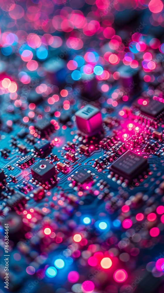 Poster microcircuits on a printed circuit board with red backlight. close-up concept: high technology and e