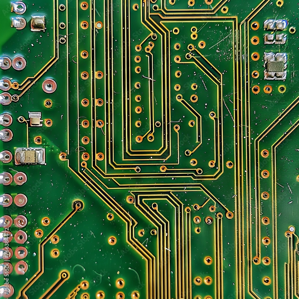 Aufkleber green printed circuit board with microcircuits and glowing elements, close-up. concept: electronics 