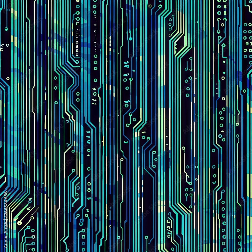 Poster green printed circuit board with microcircuits and glowing elements, close-up. concept: electronics 