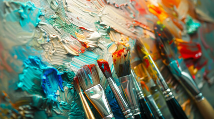 A close-up view showcases a row of artist paintbrushes arranged neatly on an artistic canvas, ready to bring creativity to life with every stroke. - obrazy, fototapety, plakaty