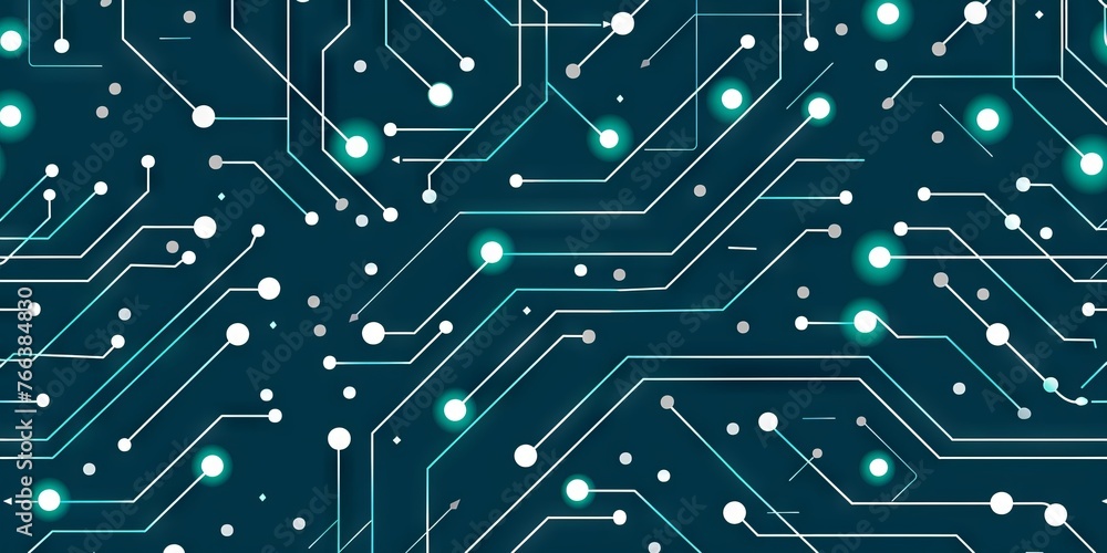 Poster green printed circuit board with microcircuits and glowing elements, close-up. concept: electronics 