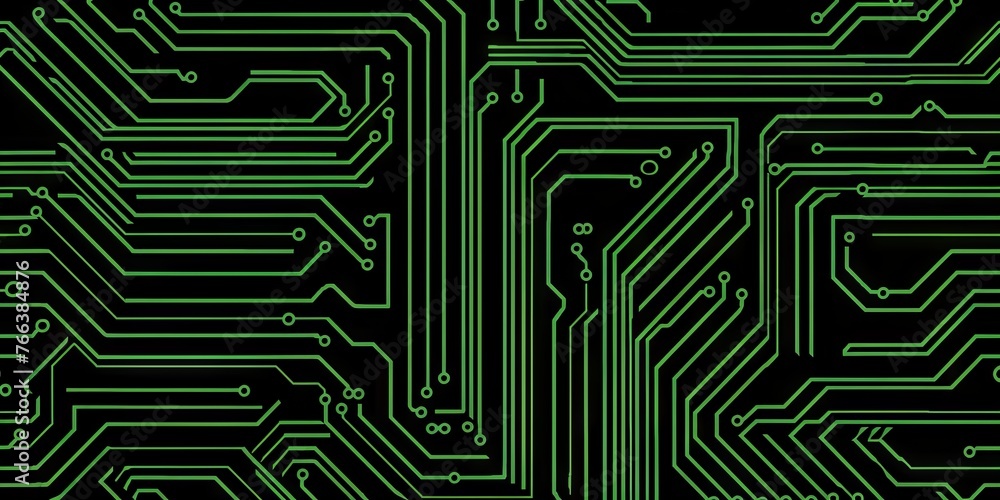 Poster green printed circuit board with microcircuits and glowing elements, close-up. concept: electronics 