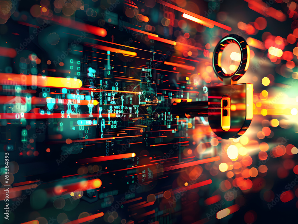 Poster virtual security lock and key - abstract background encryption concept