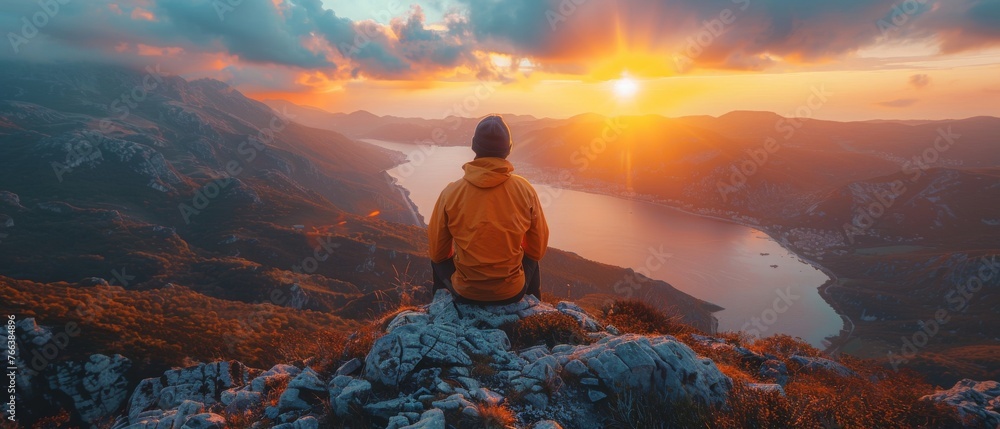 Poster engineer feels success after good work. standing atop windmill, he enjoys golden sunsets